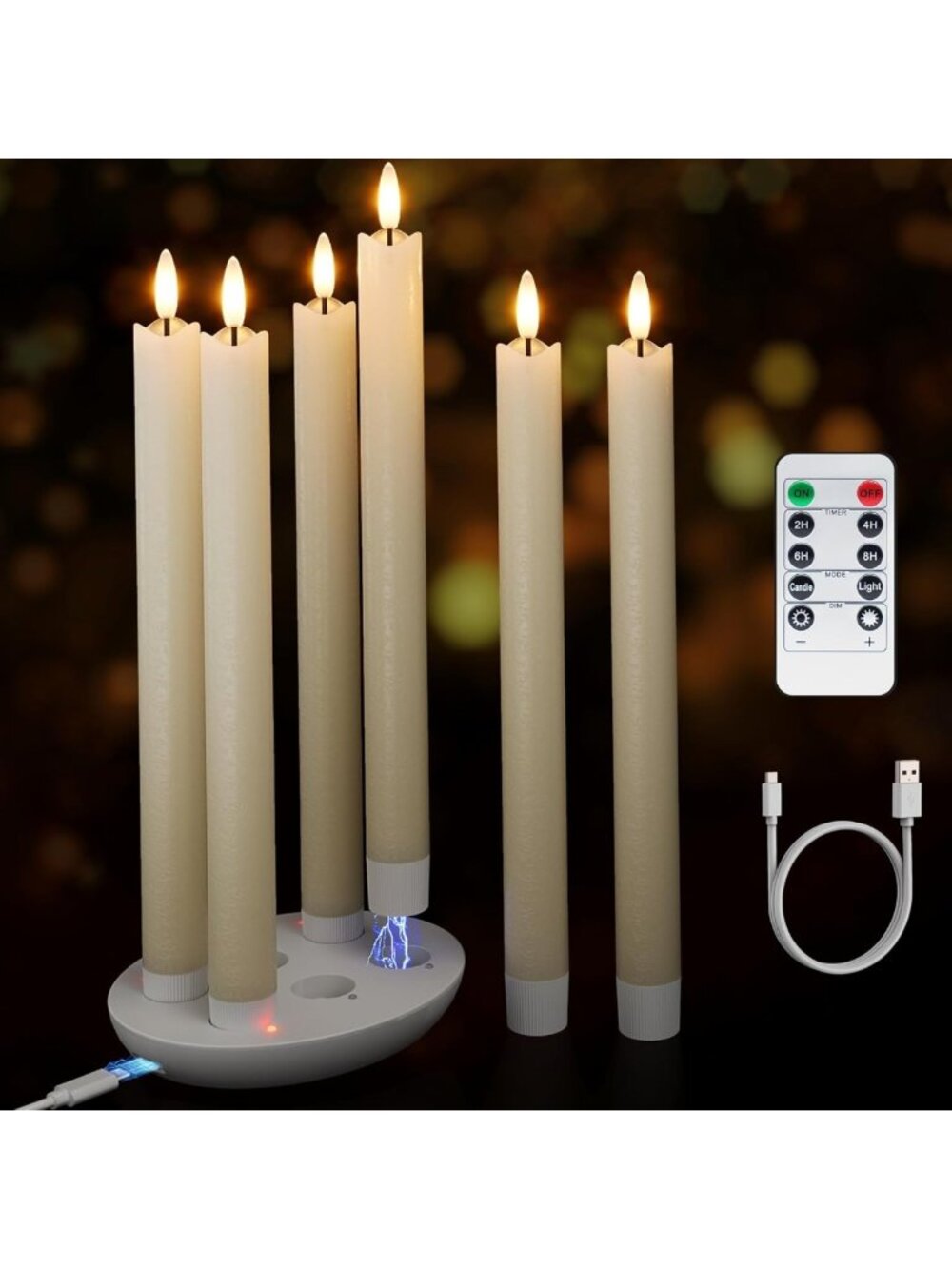 Set of 6 Rechargeable Flameless Taper Candles with Remote & Charging Base